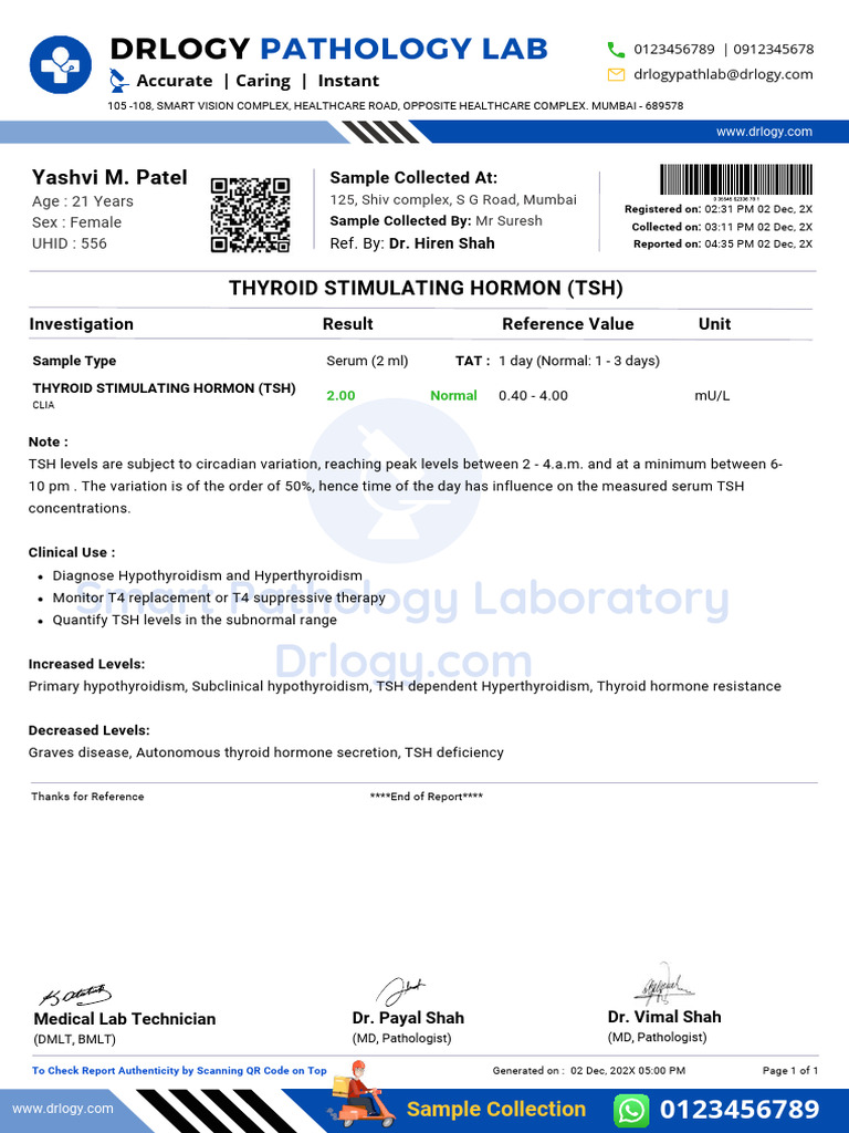 Tsh Test Normal Report Format Example Sample Template Drlogy Lab Report ...