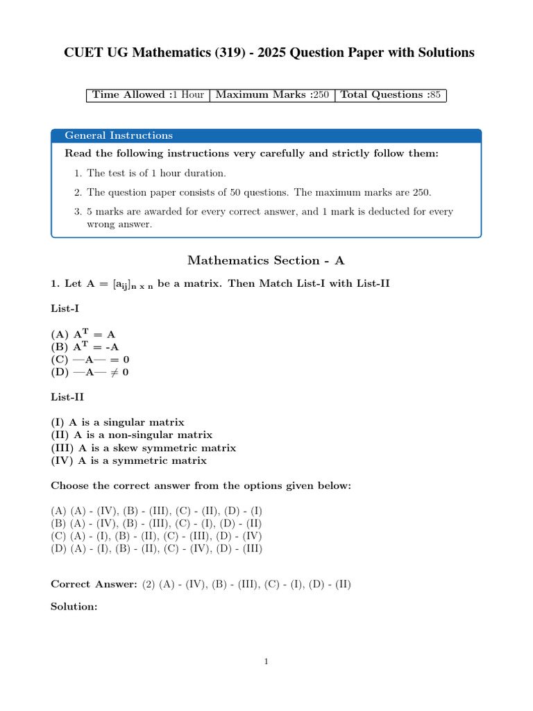 CUET UG 2025 Mathematics Sol Ba3bda87123ea9419e0b413a5cd33c97 | PDF ...
