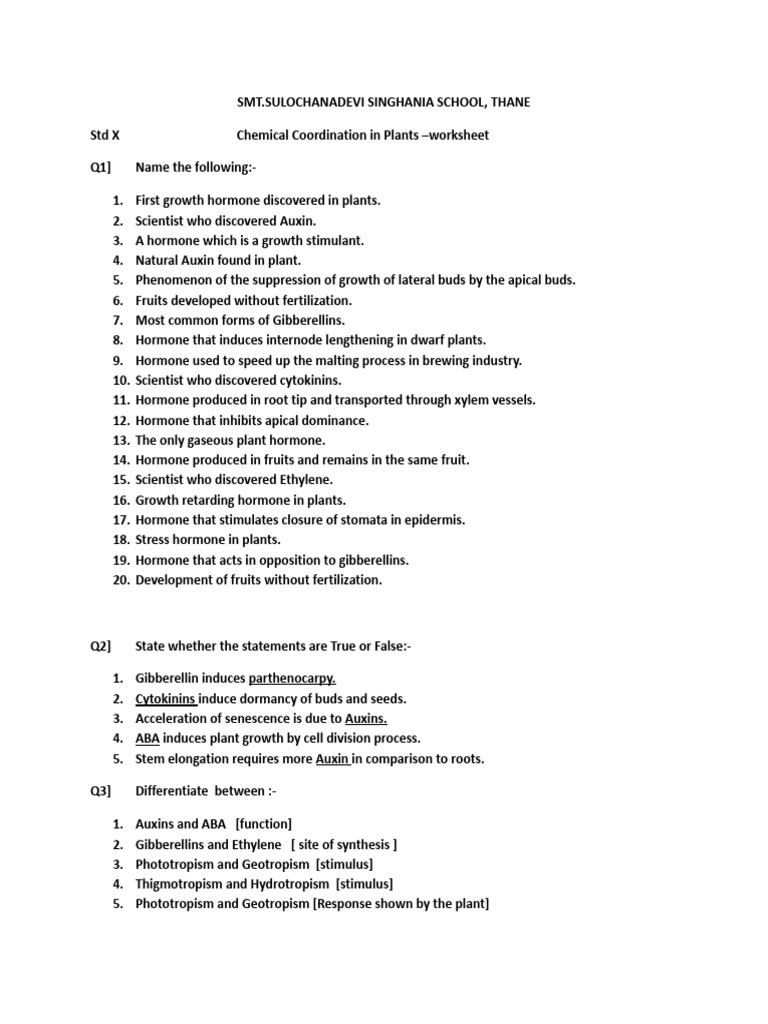 Chemical Coordination in Plants Worksheet.docx | PDF | Plant Hormone ...