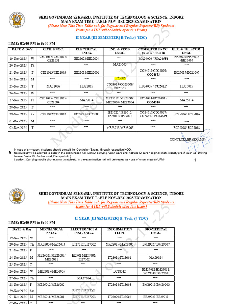 Modified Main-Exam Nov-Dec 2025 TimeTable-12!11!2025 | PDF