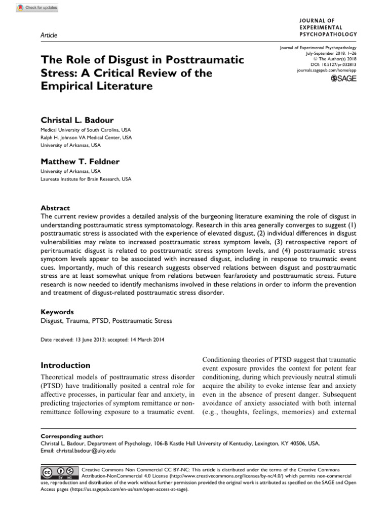 Badour Feldner 2018 the Role of Disgust in Posttraumatic Stress | PDF ...