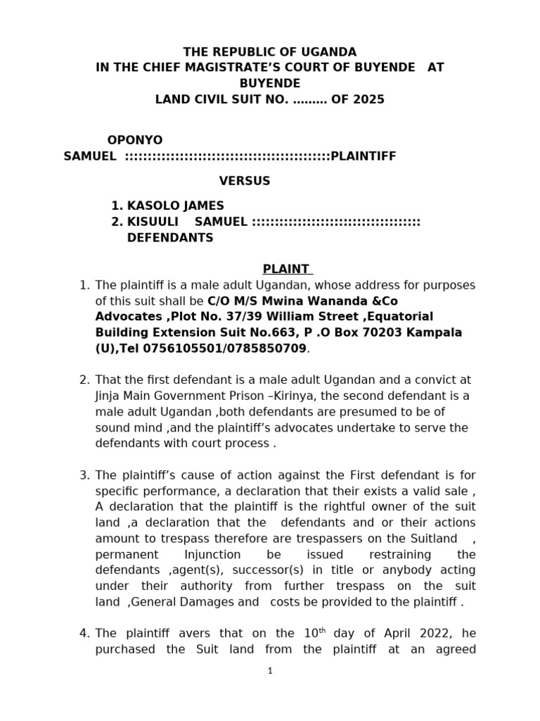 PLAINT OPONYO SAMUEL FINAL COPY | PDF | Lawsuit | Public Law