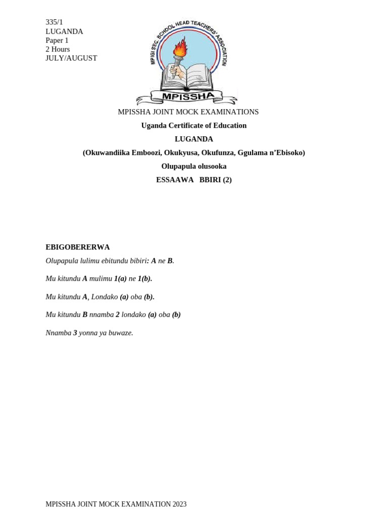 Mpissha Mock Examinations 2023 Luganda s.4 (1) | PDF