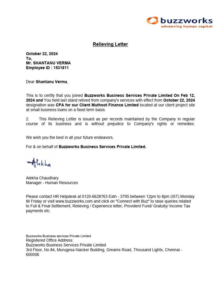 Releiving Letter | PDF