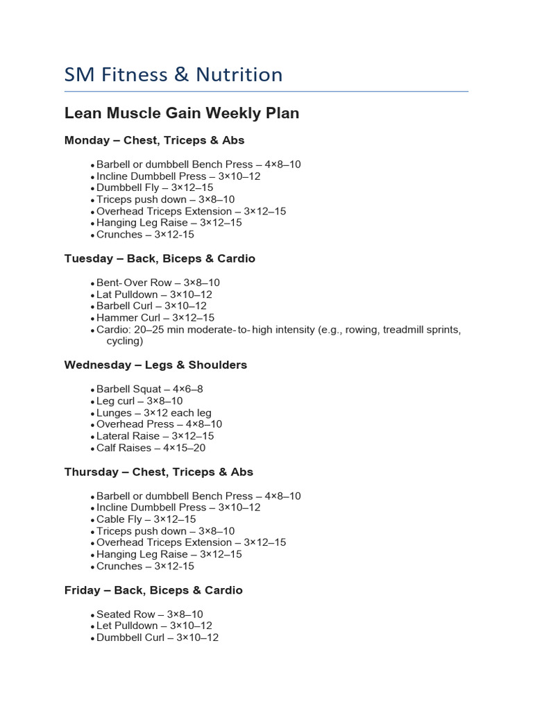 SM Fitness Lean Muscle Work Out Plan | PDF