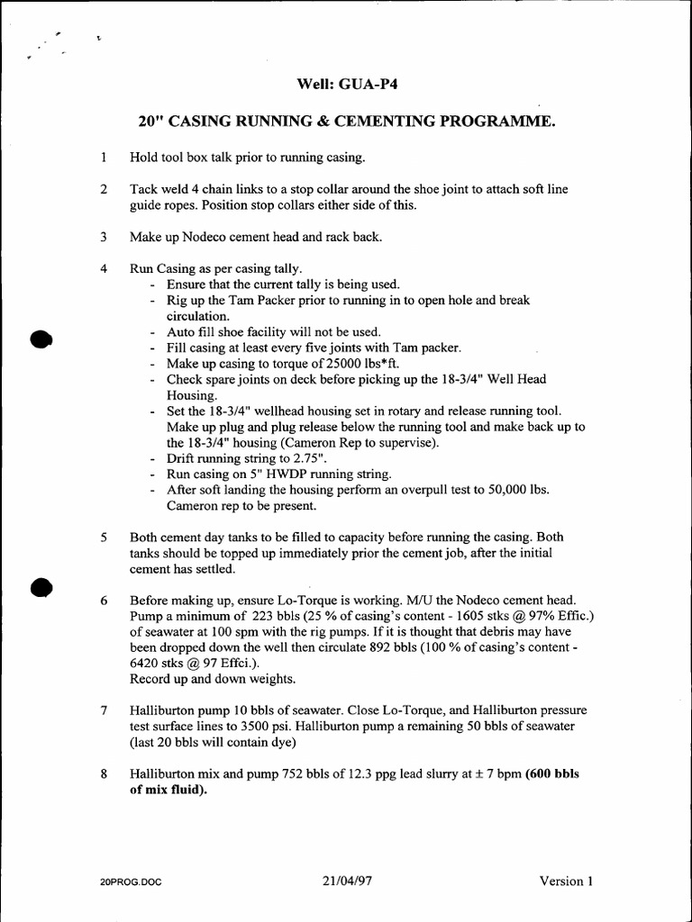 Casing Running and Cementing Program | PDF | Casing (Borehole) | Pump