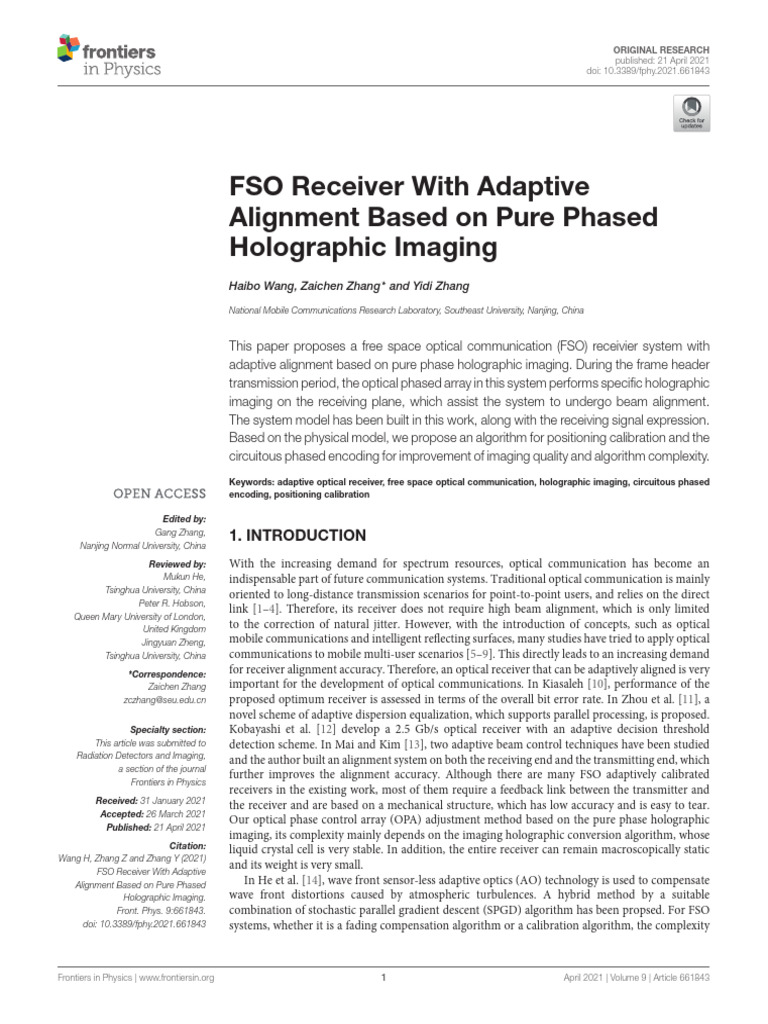 FSO Receiver With Adaptive Alignment Based on Pure Phased Holographic ...