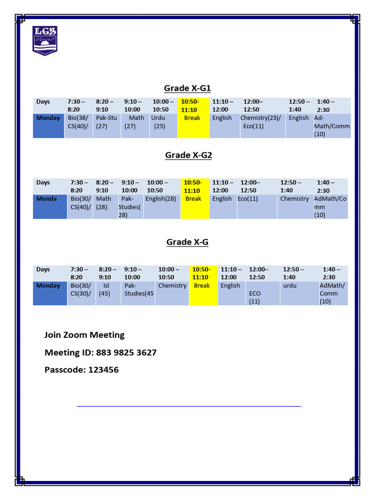 Monday Regular Timetables Grade 10 and Zoom Links O Levels (3) | PDF