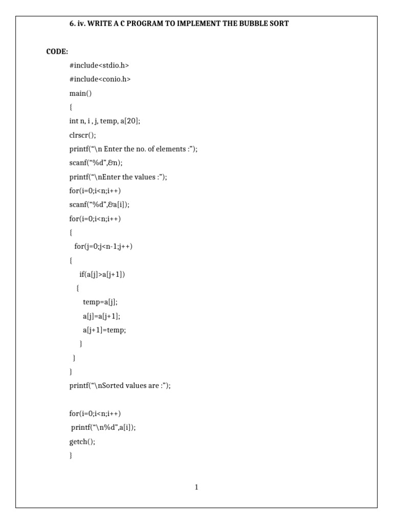 6.IV.write a c Program to Sort the Elements Using Bubble Sort | PDF