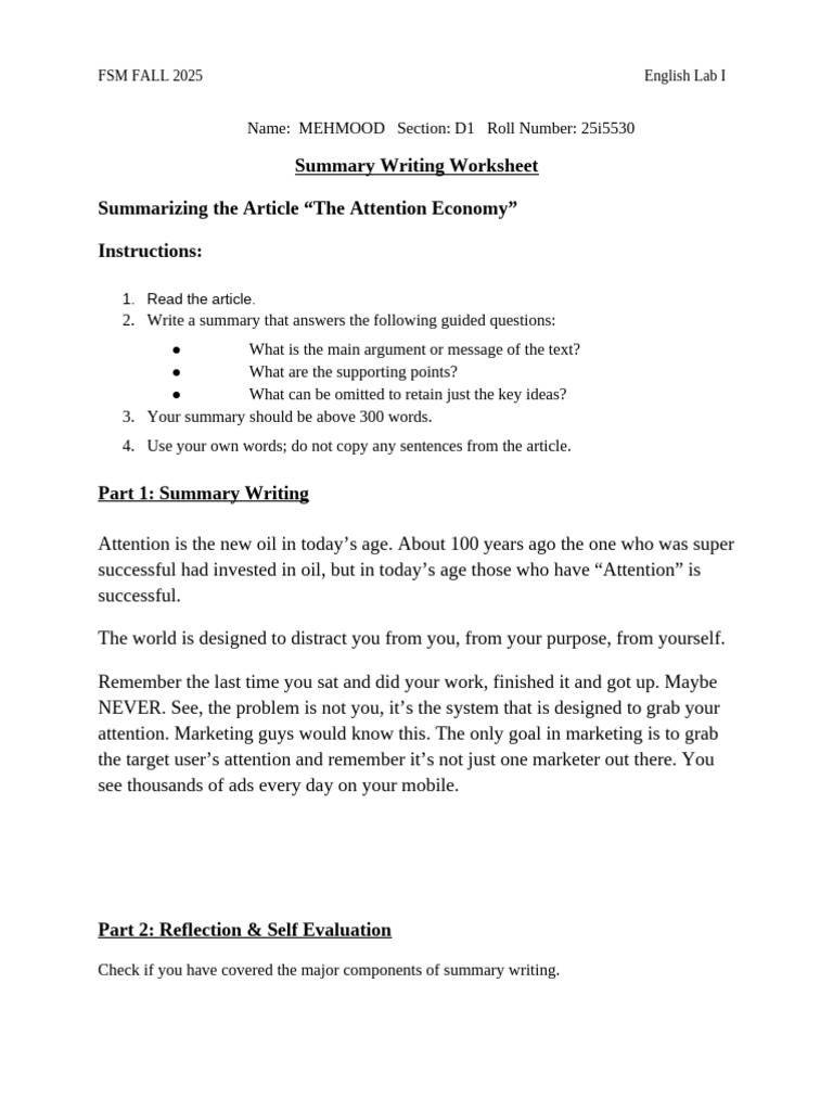 5. Summary Writing Worksheet | PDF