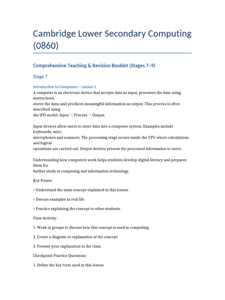 Cambridge Lower Secondary Computing 0860 Full Teaching Booklet | PDF