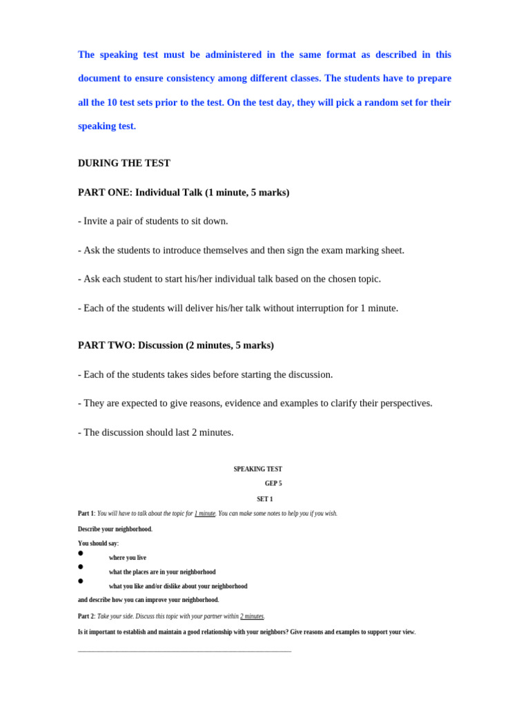 GEP 5 Speaking Test - Test Sets Updated | PDF