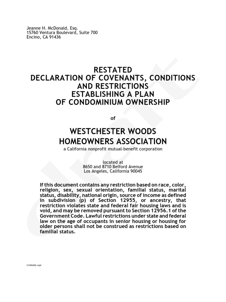 Westchester Woods CC&Rs Los Angeles 90045 | PDF | Covenant (Law ...