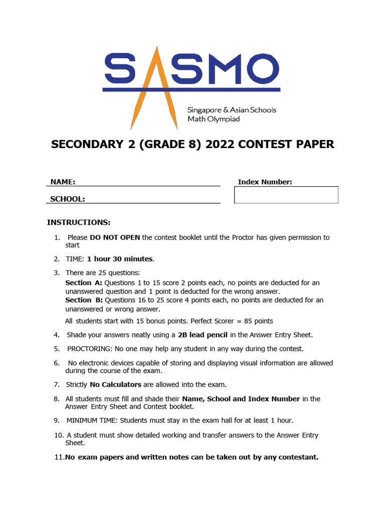 SASMO 2022 Secondary 2 Problem Set [k12mathcontests.com]-1 | PDF ...
