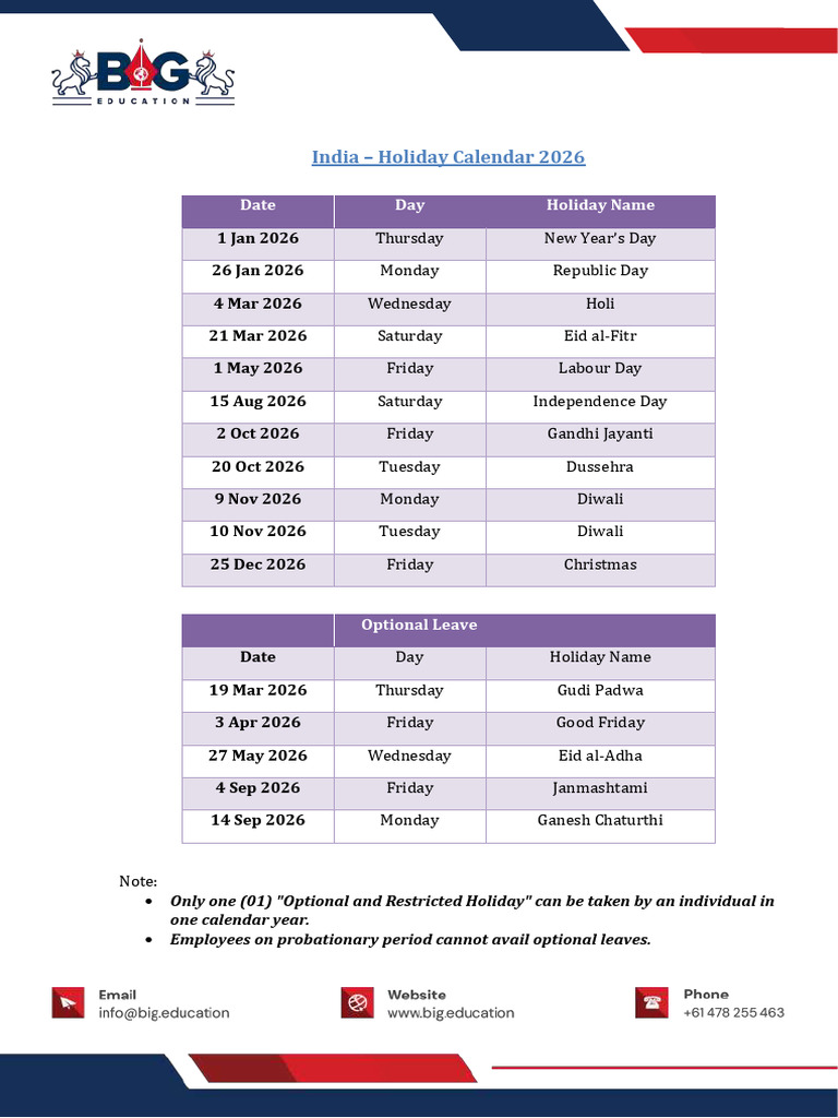 India (SS) - Holiday Calendar 2026 | PDF