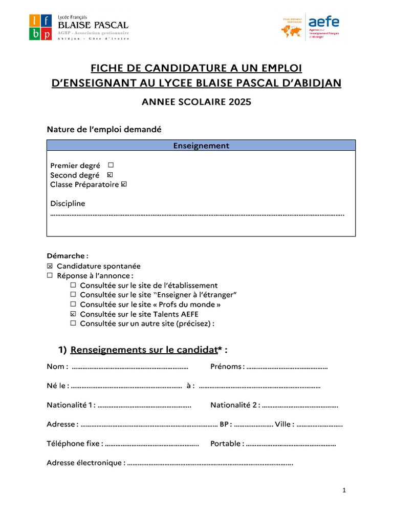 Fiche de Candidature Enseignant LFBP ABIDJAN COTE DIVOIRE 2025 | PDF ...