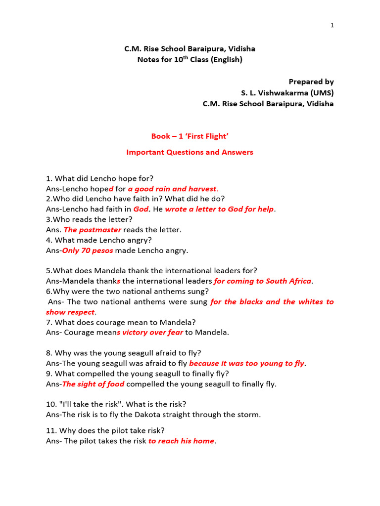 10th Class Some important questions with their answers | PDF