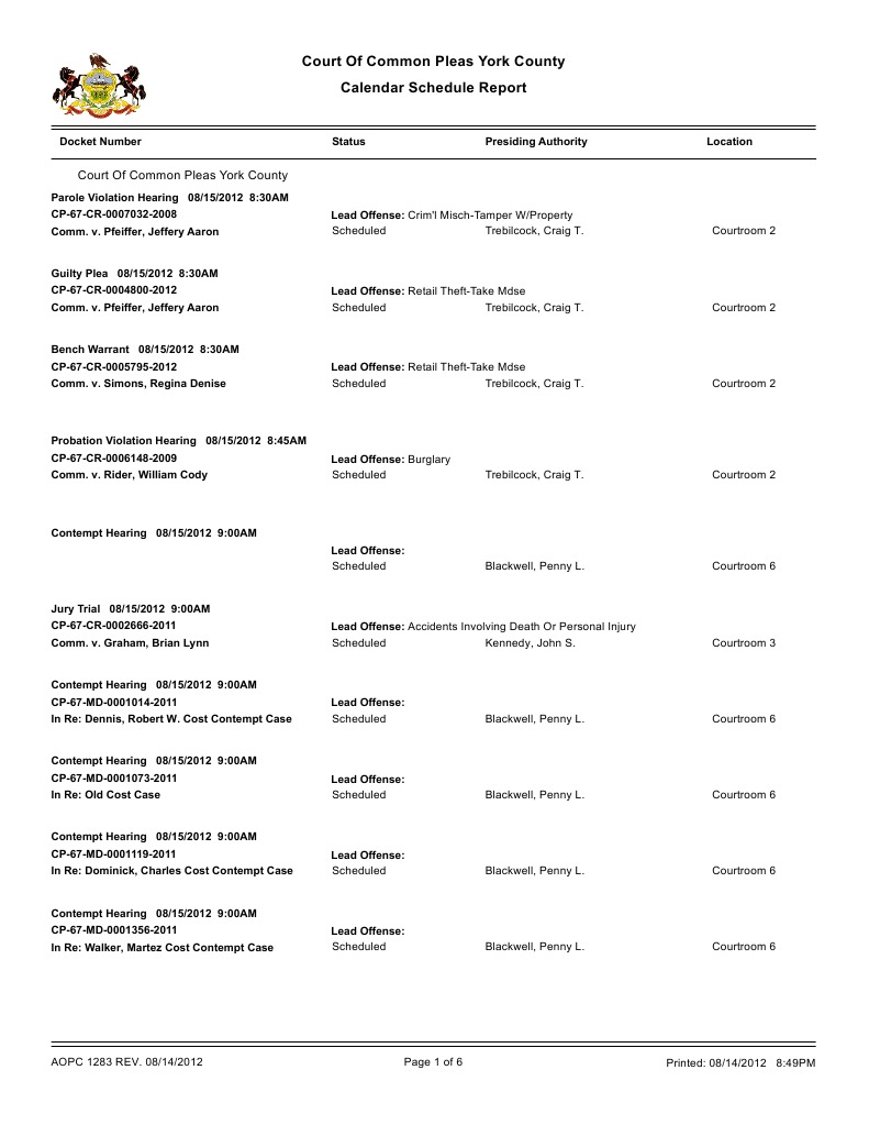 York County court schedule for Aug. 15 Courtroom Contempt Of Court