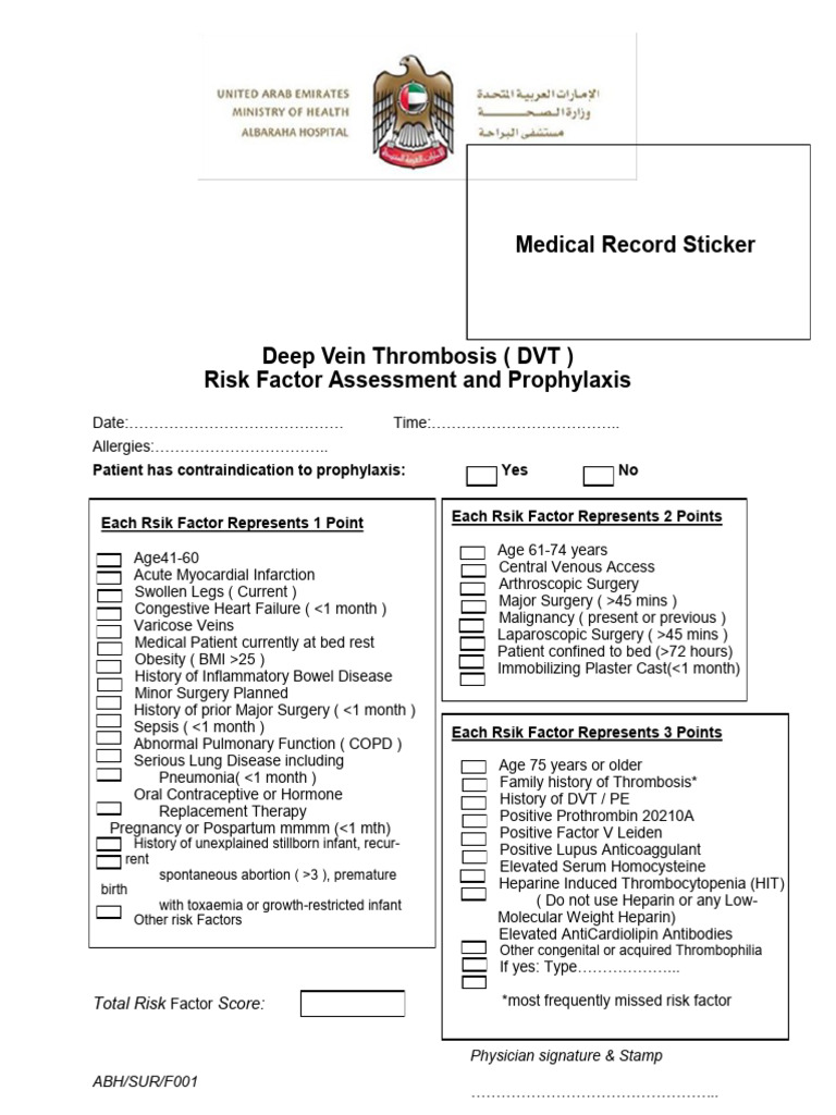 DVT Caprini Score Form | PDF | Blood | Medical Specialties