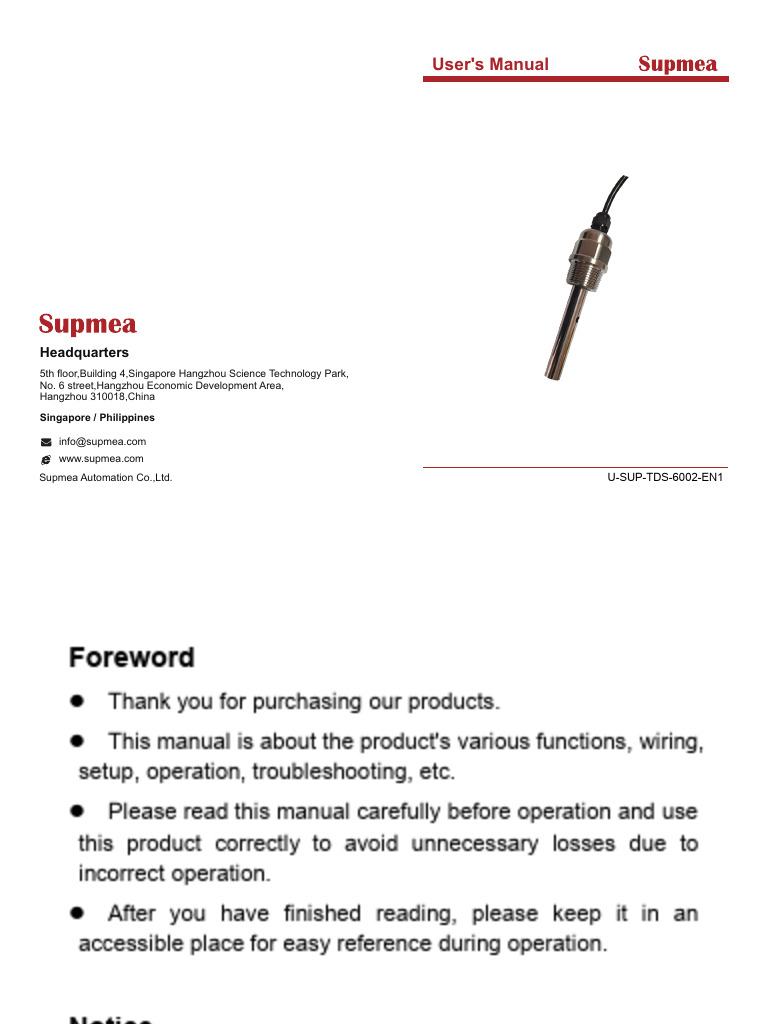 TDS-6002 Conductivity Sensor-User Manual. EN1 Supmea | PDF ...