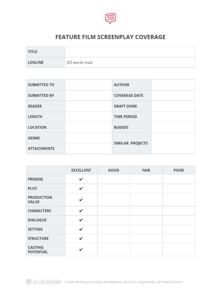 Copy of Free Script Coverage Template - StudioBinder | PDF | Screenplay