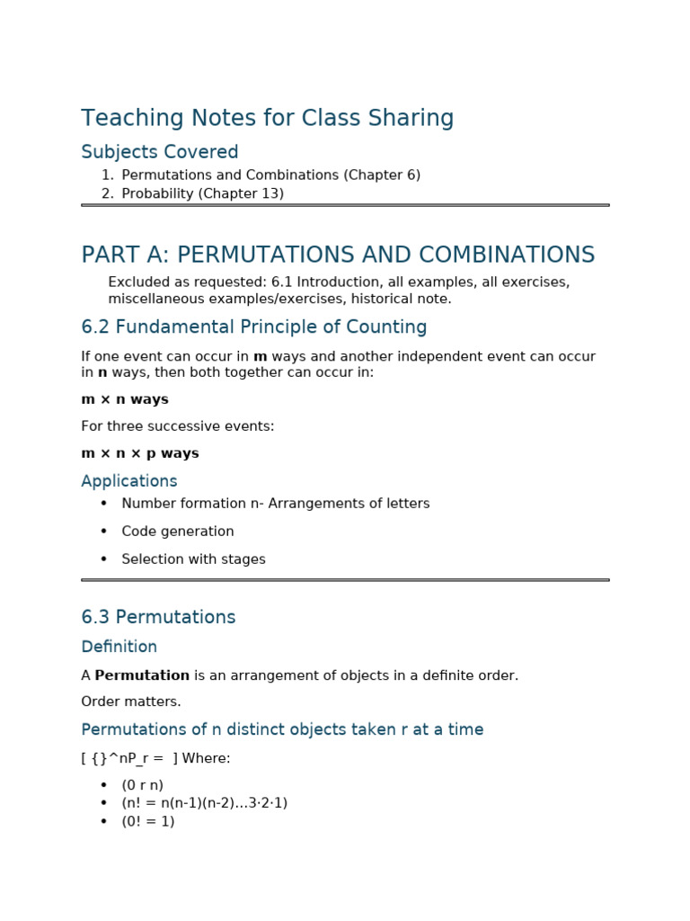 Teaching Notes - Permutations, Combinations & Probability | PDF ...