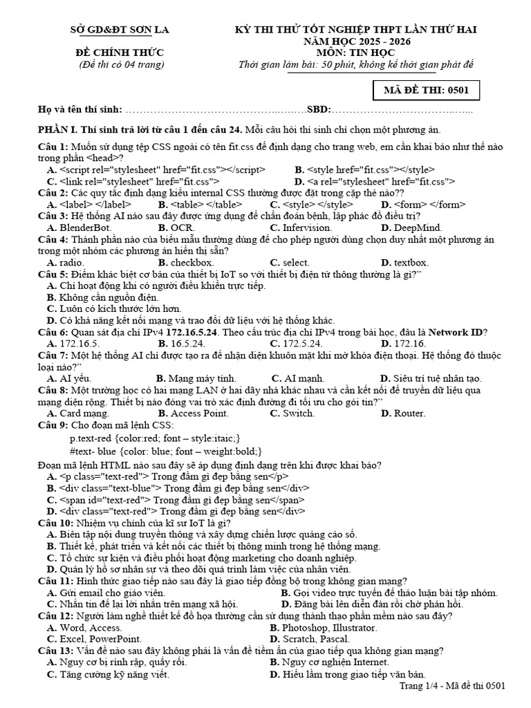 Ma de Thi 0501 Tin Hoc TT Lan 2 (2025-2026) | PDF