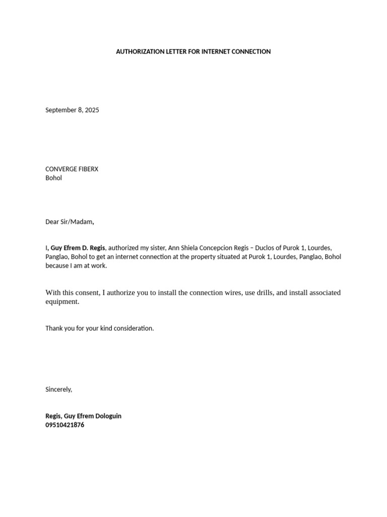 Authorization Letter for Internet Connection | PDF