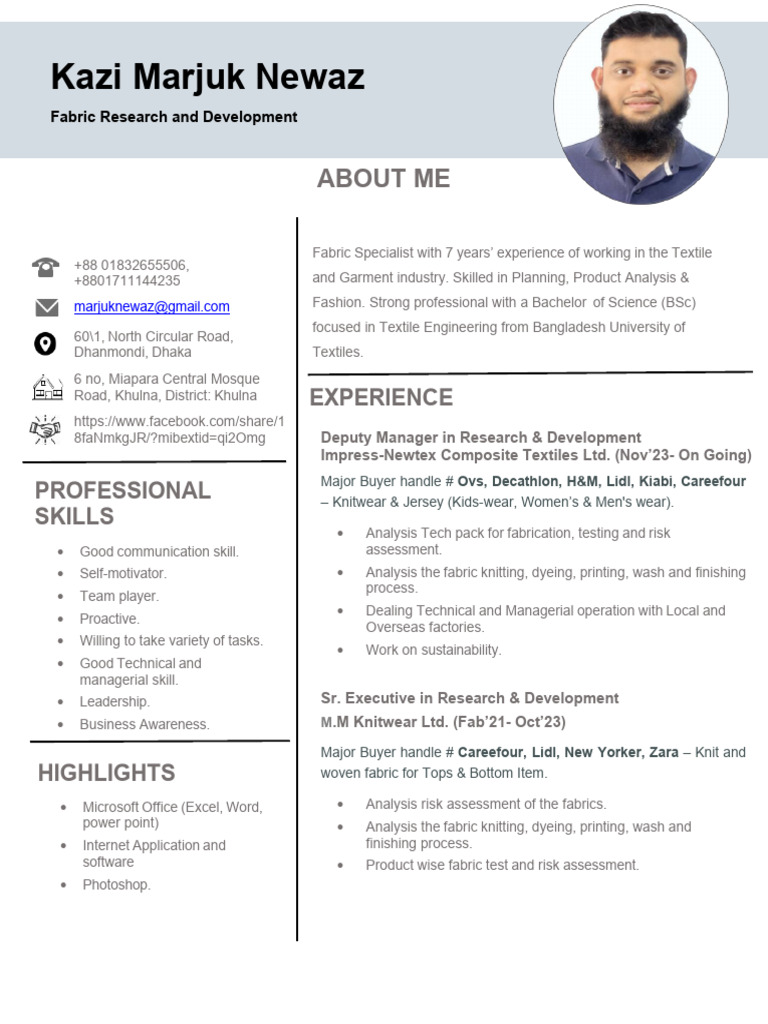 CV of Kazi Marjuk Newaz-Textile Engineer | PDF | Textiles | Knitting