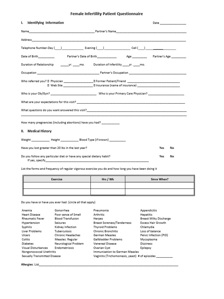 PDF Female Infertility Questionnaire 2016 | PDF | Birth Control ...