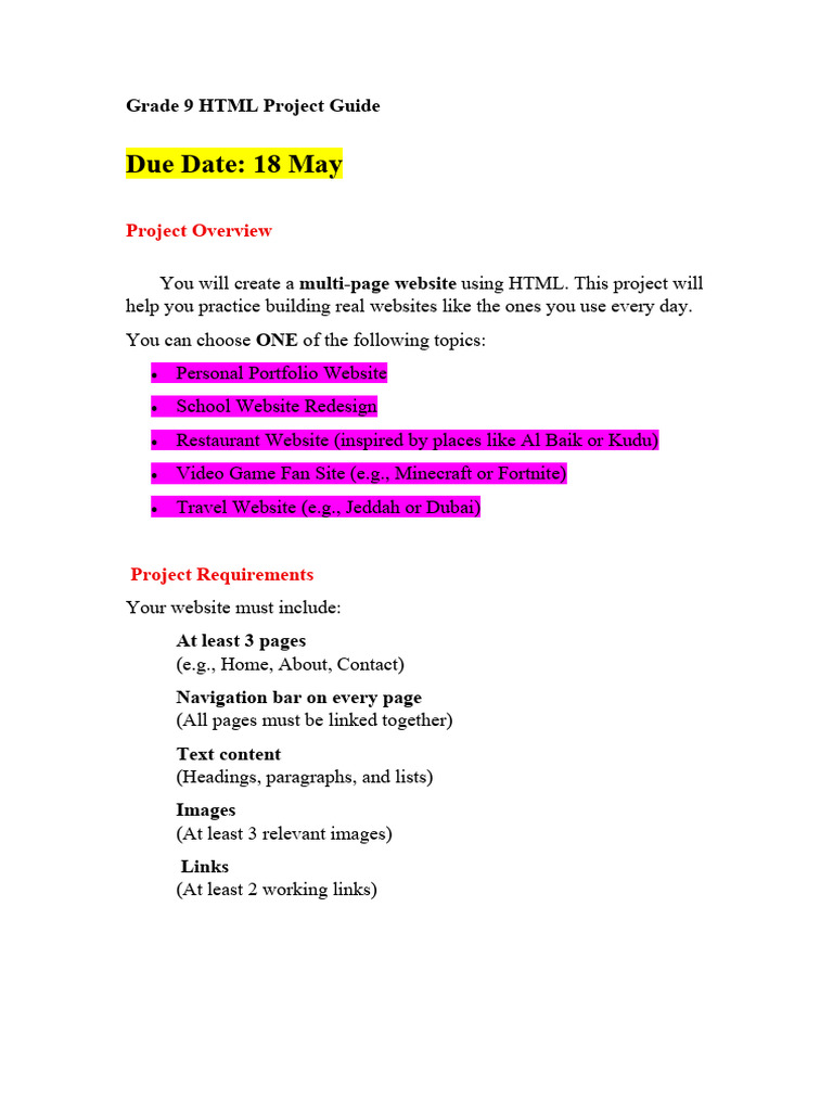 Grade 9 HTML Project 18 May | PDF