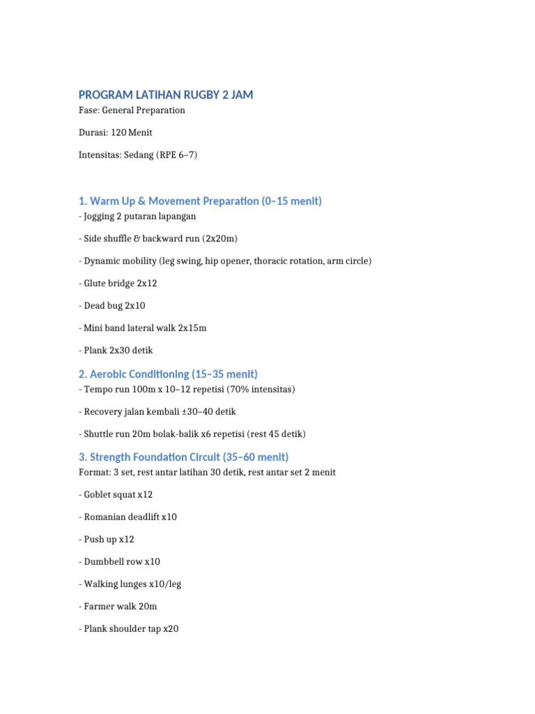 Program Latihan Rugby 2 Jam General Preparation | PDF