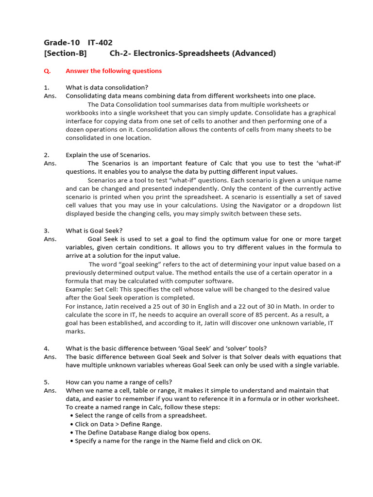 Section B Chapter 2 Electronic Spreadsheets Class 10 | PDF ...