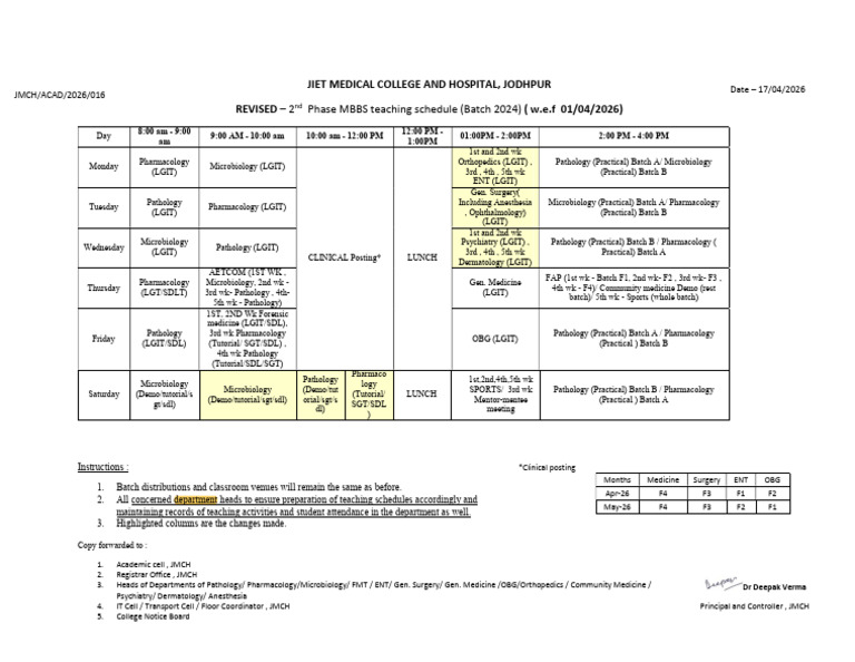 Revised 2nd Phase Teaching Schedule (Batch 2024) Wef 1-4-26 | PDF ...