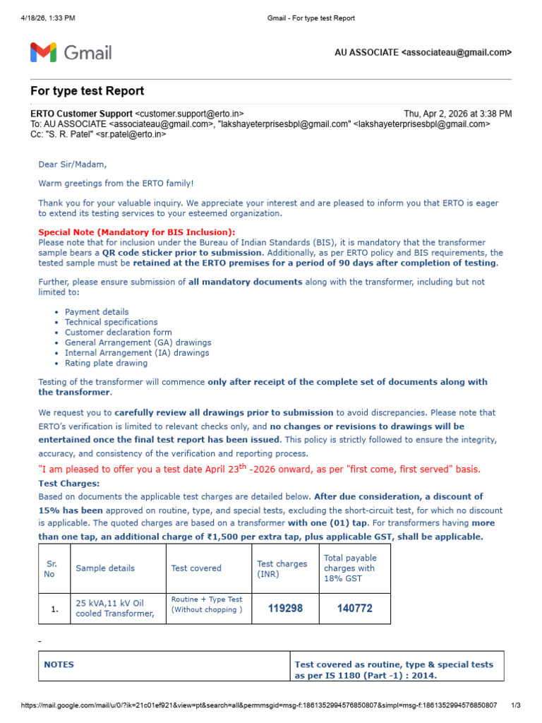 Gmail - For Type Test Report | PDF | Transformer | Electricity