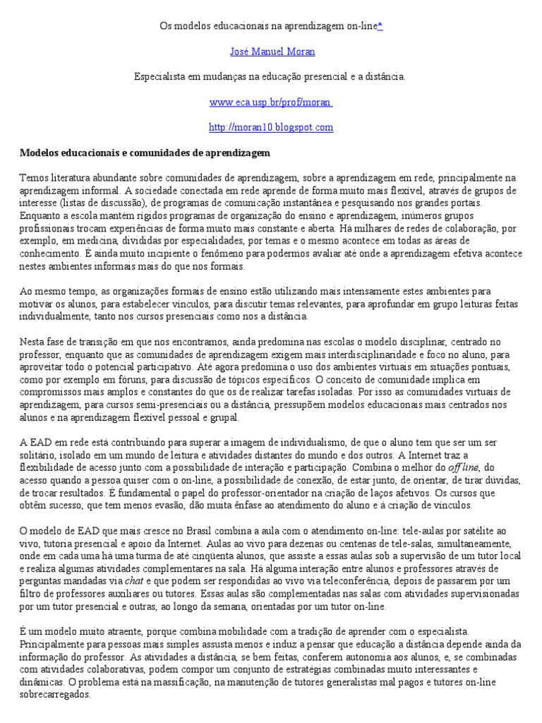 Os Modelos Educacionais Na Aprendizagem On-Line - José Manuel Moran ...