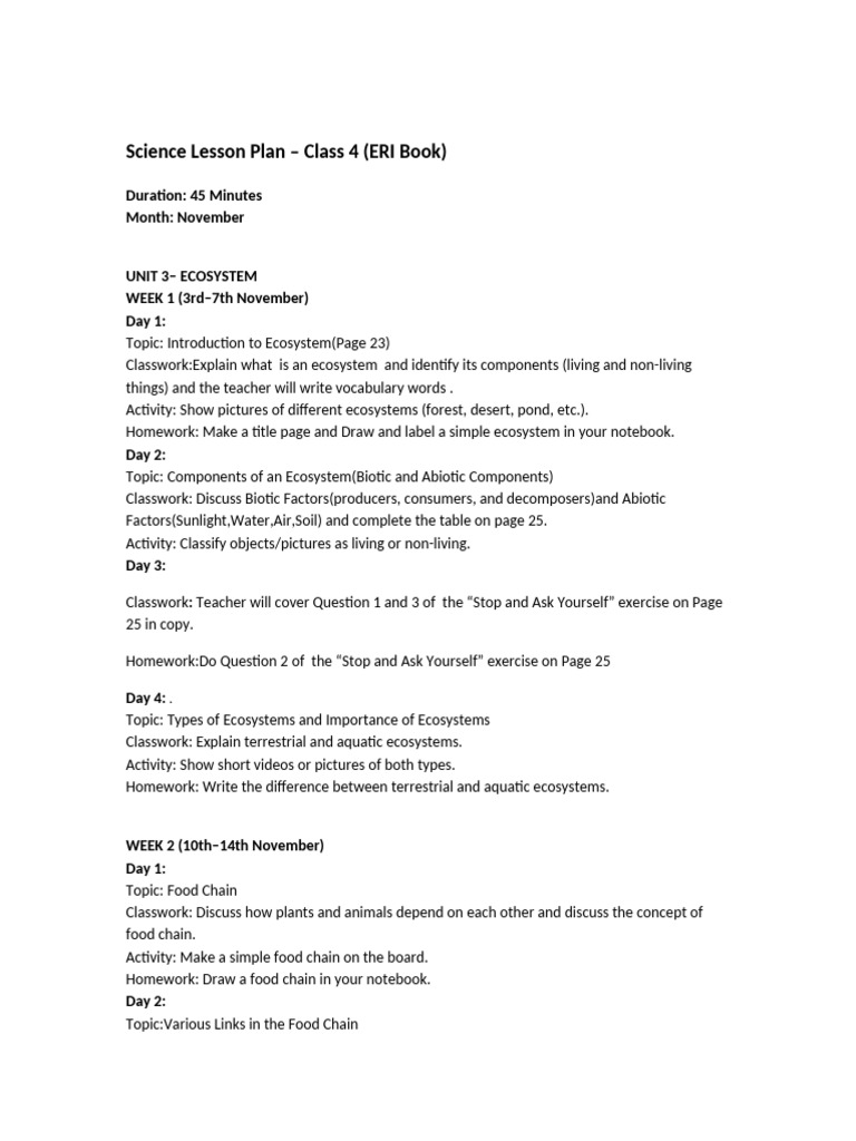 Science_LessonPlan_Class_4 F | PDF | Ecosystem | Earth