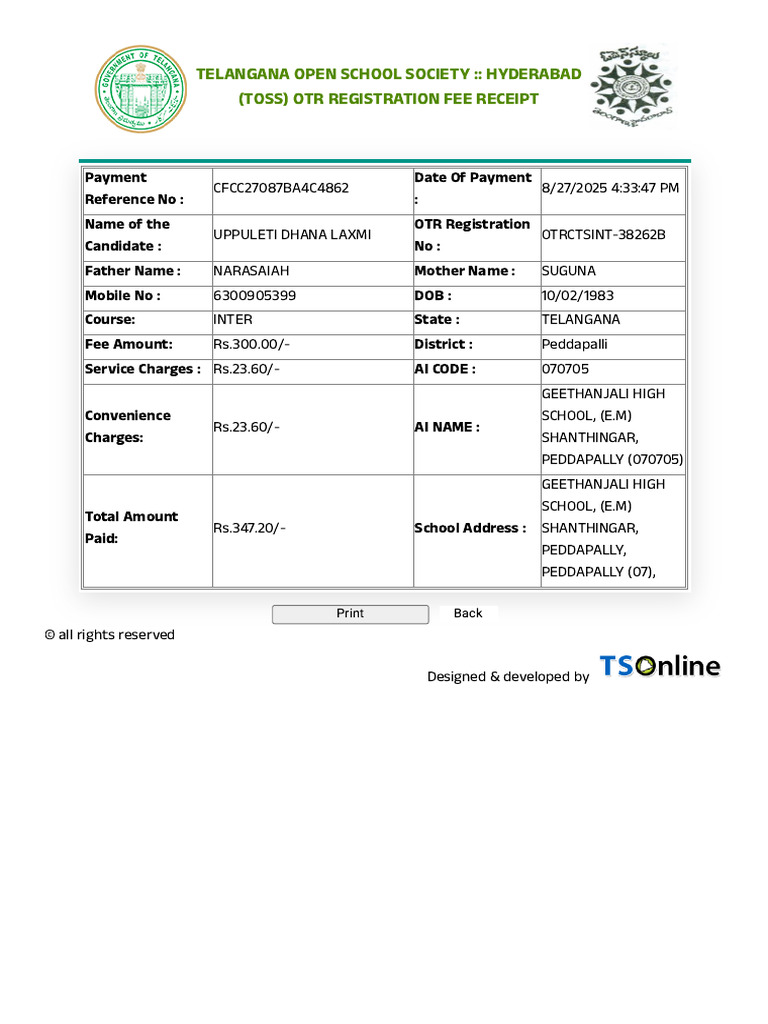 Toss Inter Fee Receipt | PDF