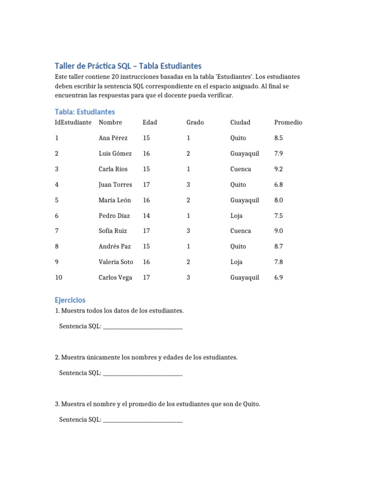 Taller SQL Estudiantes | PDF | SQL | Datos