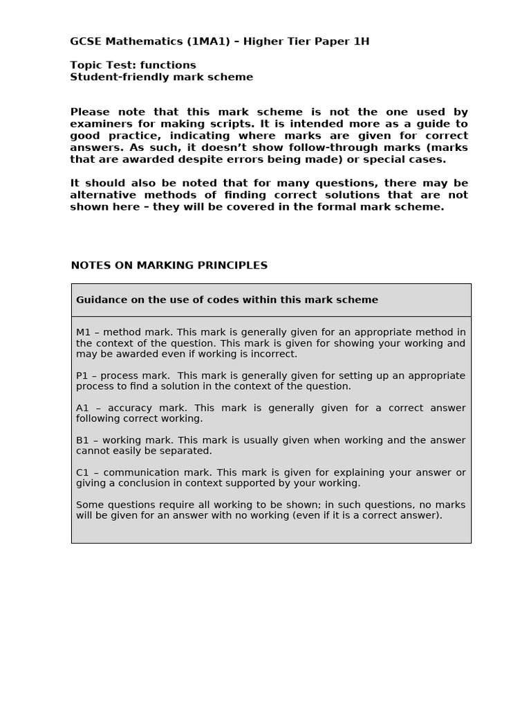 GCSE Topic Tests 1H - Functions Mark Scheme | PDF | Function ...