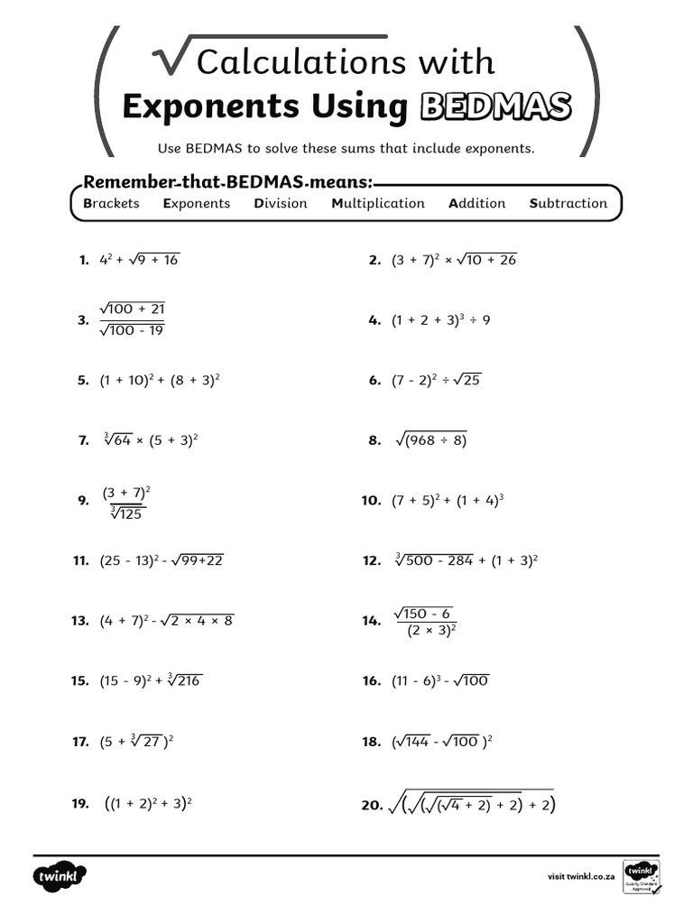 Za m 1705948359 Calculations With Exponents Using Bedmas Activity Sheet ...