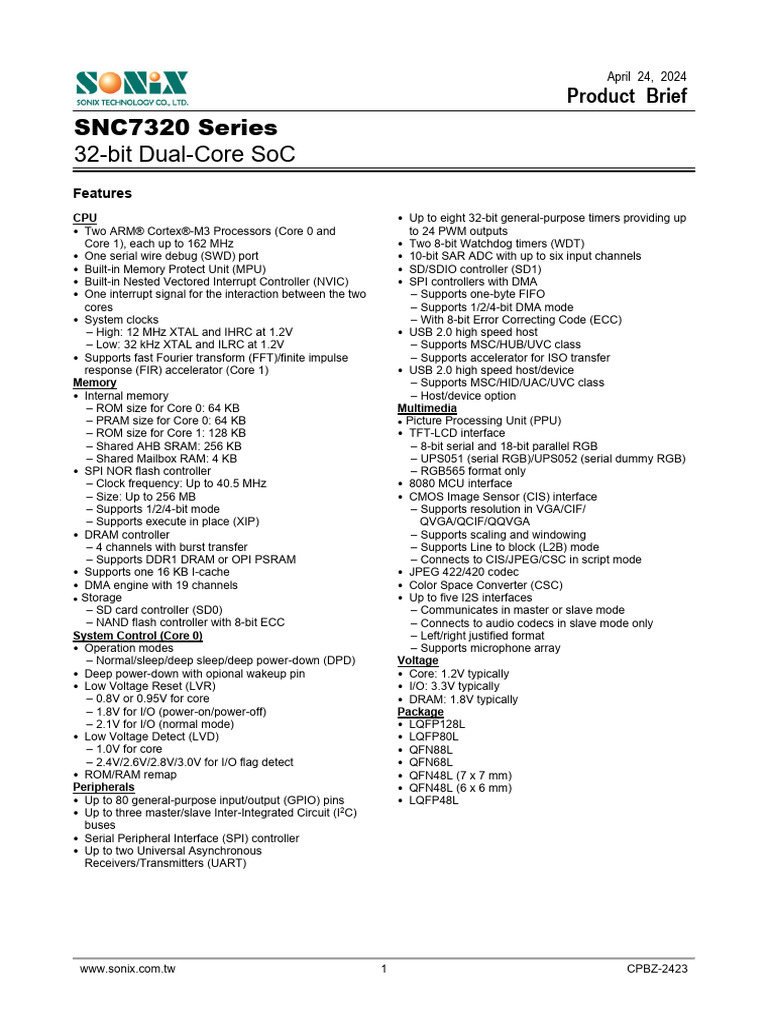 Snc7320 Brief Data Sheet V2.3 | PDF | Microcontroller | Flash Memory