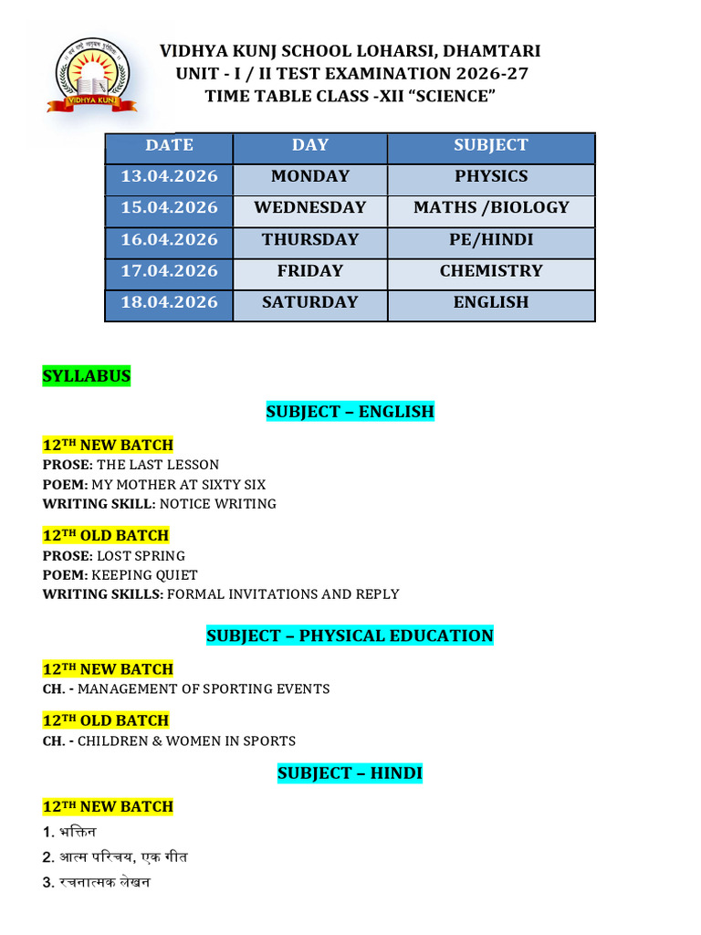 12th Science Time Table | PDF