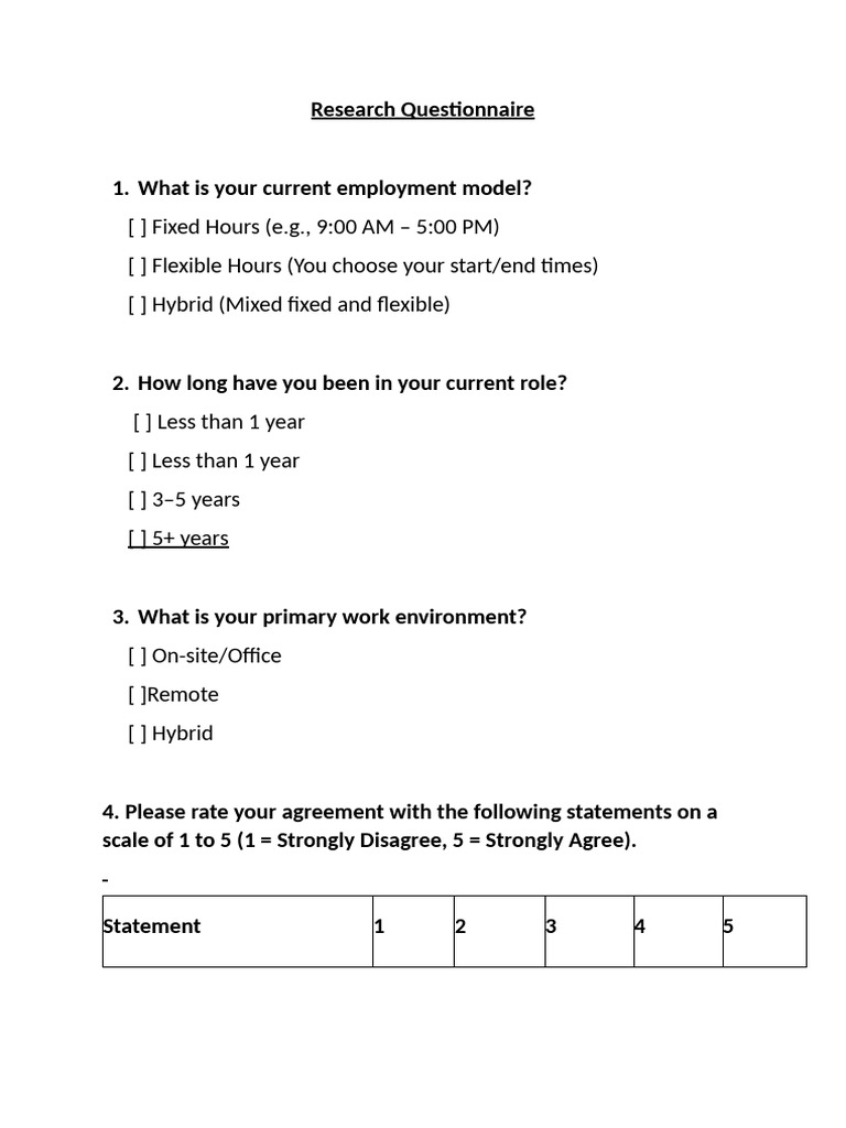 Research Questionnaire{Flexible vs Fixed Working Hours} | PDF
