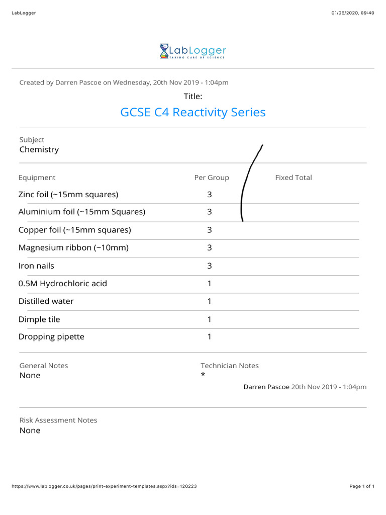 Reactivity Series Experiment | PDF