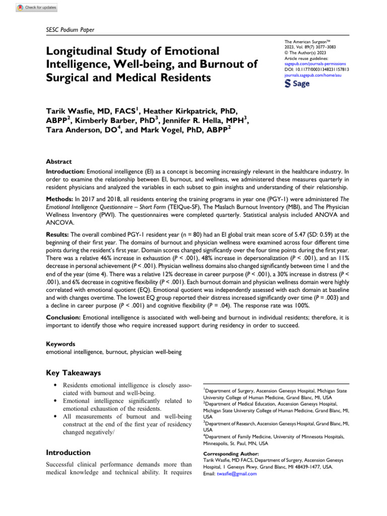 Longitudinal Study of Emotional Intelligence, Well-being, And Burnout ...