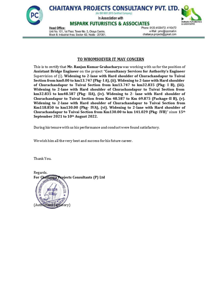 Exp Letter_ Chaitanya Projects | PDF