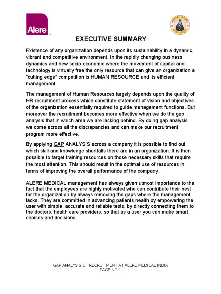 Executive Summary On HR at ALERE INDIA Recruitment Medical Diagnosis