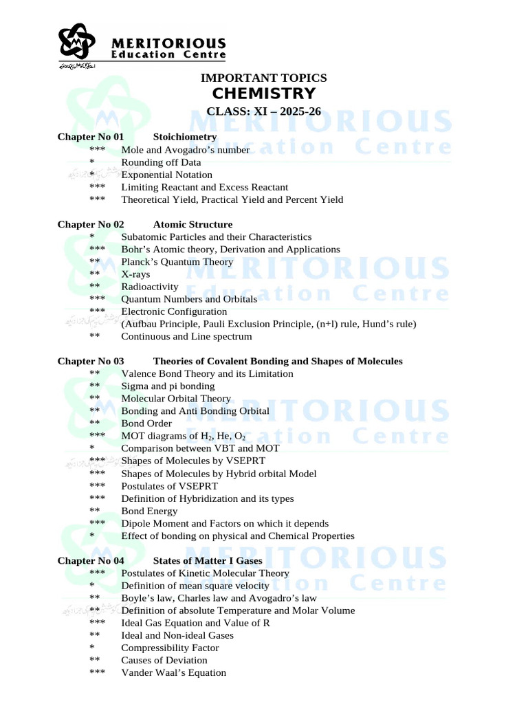 Important Topics Xi Chemistry 2025-26 | PDF | Chemical Bond | Molecules