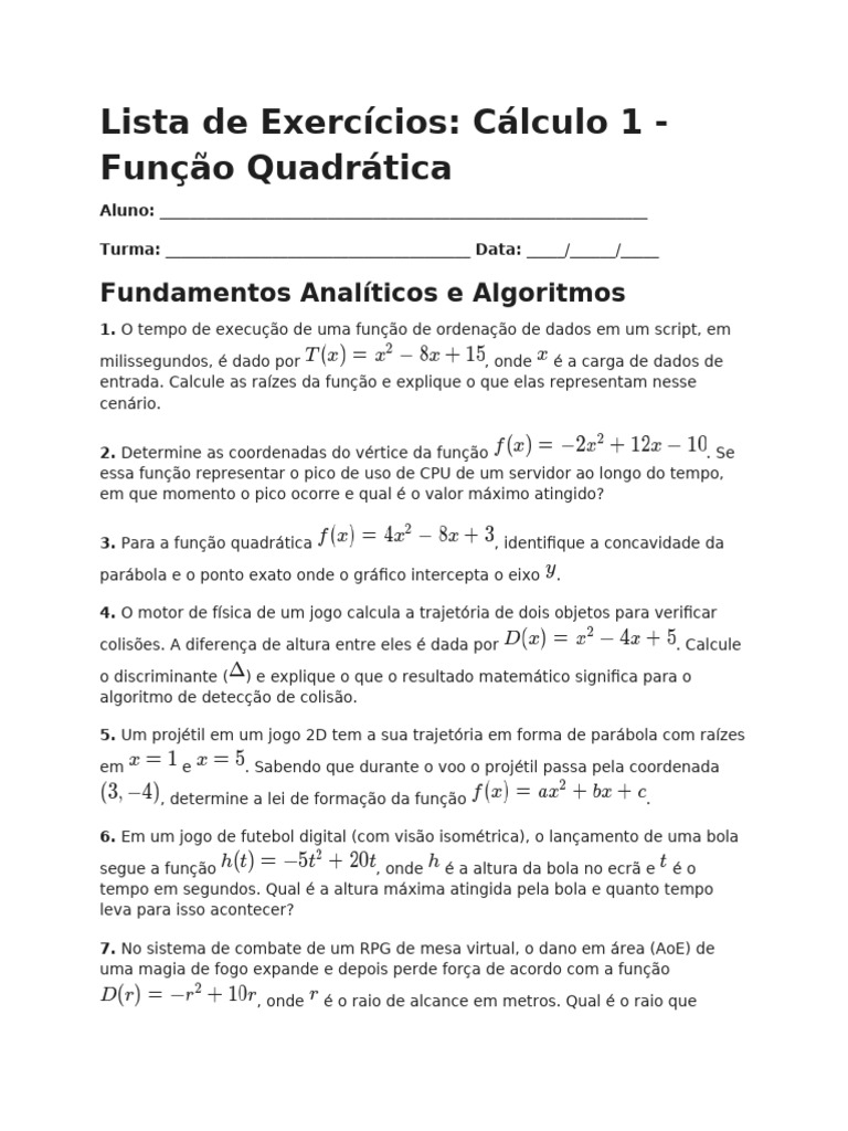 Lista de Exercícios 02 - Função Quadrática | PDF | Função (Matemática ...